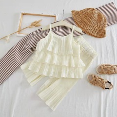 Conyson Latest Design Summer Halter Top Wide-legged pants Classy Style Frill Chiffon Little Girls 2 Pcs Set