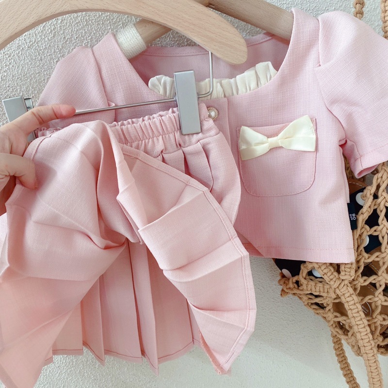 Conyson hot sale fashion summer Latest korean design Style pleated Skirt Set Toddler Girl Pink Kids bowknot 2 pieces clothes Set