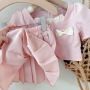 Conyson hot sale fashion summer Latest korean design Style pleated Skirt Set Toddler Girl Pink Kids bowknot 2 pieces clothes Set
