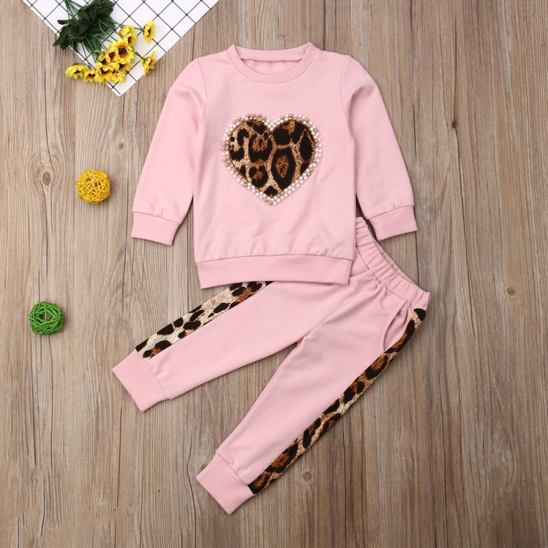 Conyson Valentine's Day Gift New Toddler Kid Baby Girl Winter Clothes Sets Long Sleeve Leopard Tops Long Pants Outfit Tracksuit