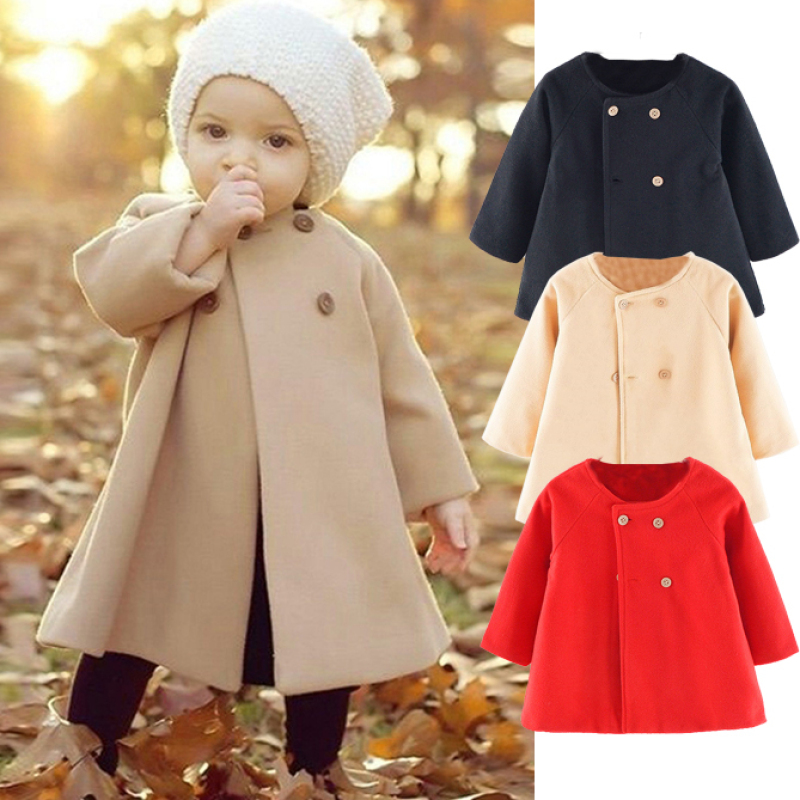 Conyson hot sale korean fashion boutique Baby kids clothes Woolen Girl Long Sleeve Autumn Winter button clothing Windproof Coat