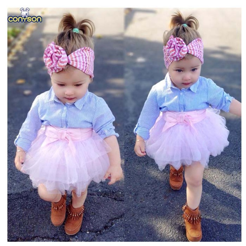 Conyson Stripe Blouse+Tutu Mesh Skirt Outfit Sets Turn-down Collar Long Sleeve Shirt Pink Tulle Dresses Baby Girls 2pcs Suit Set