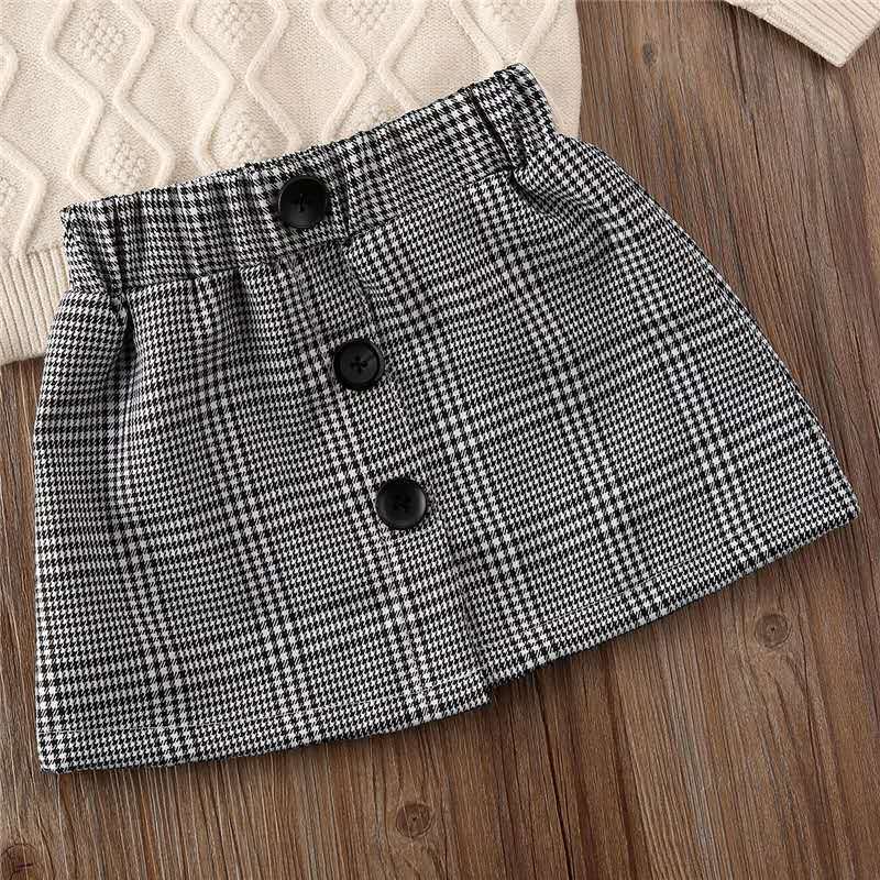 Fashion Fall Warm Winter Kids Baby Girls Turtleneck Knit Sweater Tops Plaid Print Mini Skirt Outfit Set