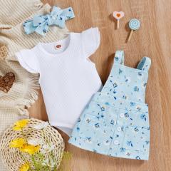 Conyson high quality fashion summer Korean cotton Toddler kids short sleeve Clothing Suit Girl 3 Pieces Outfits baby clothes set