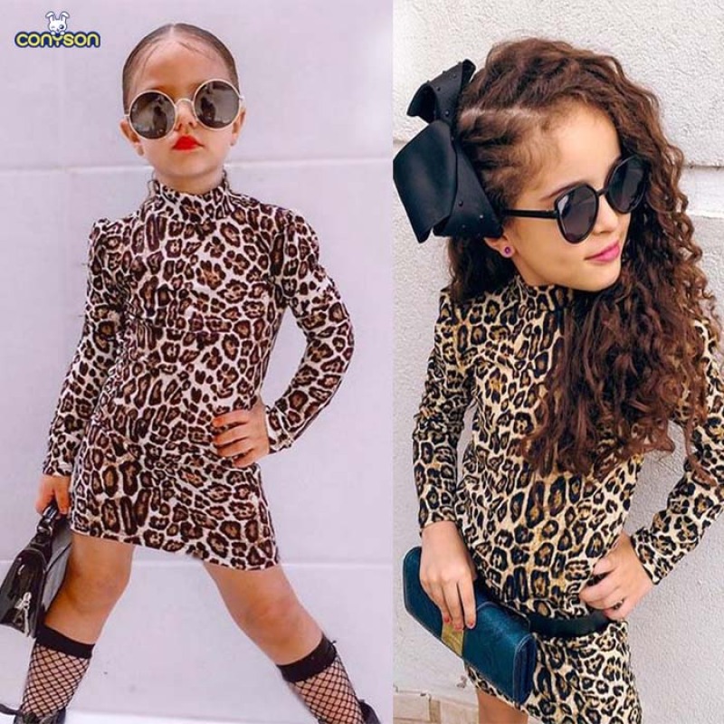 Conyson Infant Baby Girls Spring Casual Dress Leopard Zebra Print Mock-Neck Long Sleeves Outfit Little Girls Knee-Length Dresses
