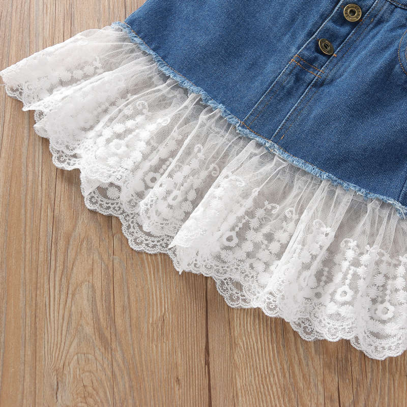 Conyson Summer Fashion Kids Girl Clothes Sets Solid Lace Puff Sleeve T-Shirts Floral Ruffles Denim Skirts Two Piece Children Set
