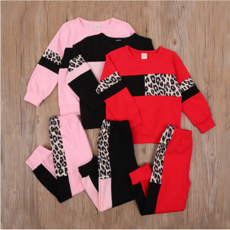 Conyson Patchwork Leopard Two Piece Baby Girl Clothes Long Sleeve Round Neck Top Elastic Head Long Pants Kids Sportswear Suit
