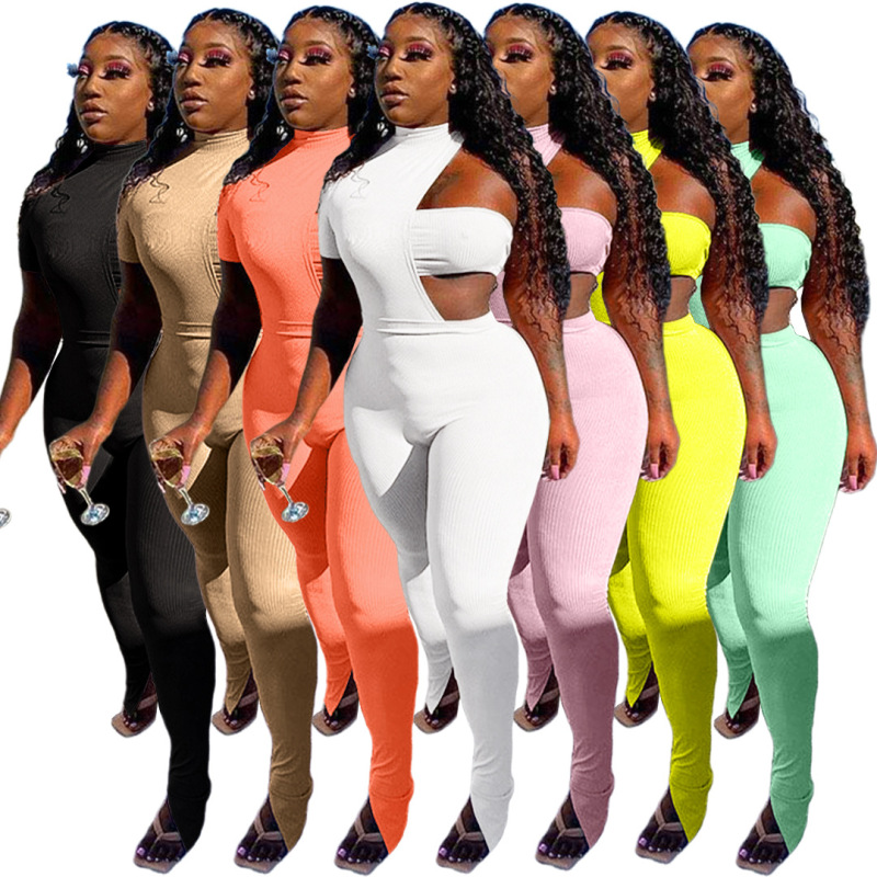 Conyson Wholesale Sets Summer Sexy Fashion Jumpsuit Solid Casual Custom Logo New Stripes Romper 3 Pieces Women Clothes Outfit