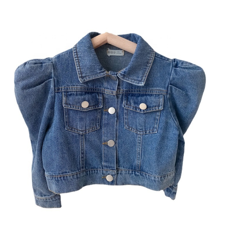 New Autumn Baby To Toddler Single Breasted Girl Puff Sleeve Baby Girls Jackets Denim Puffer Coat