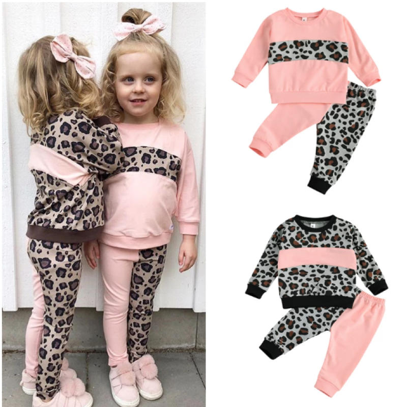Conyson Girl's Two Piece Set Children's Leopard Printed Color Block Crew Neck Long Sleeve Pullover Pants Set