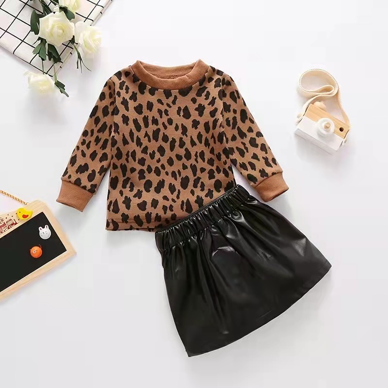 Conyson Wholesale Hot Sale Autumn Boutique Hoodie Leopard Top Skirt Outfits Casual Girls Clothing Set