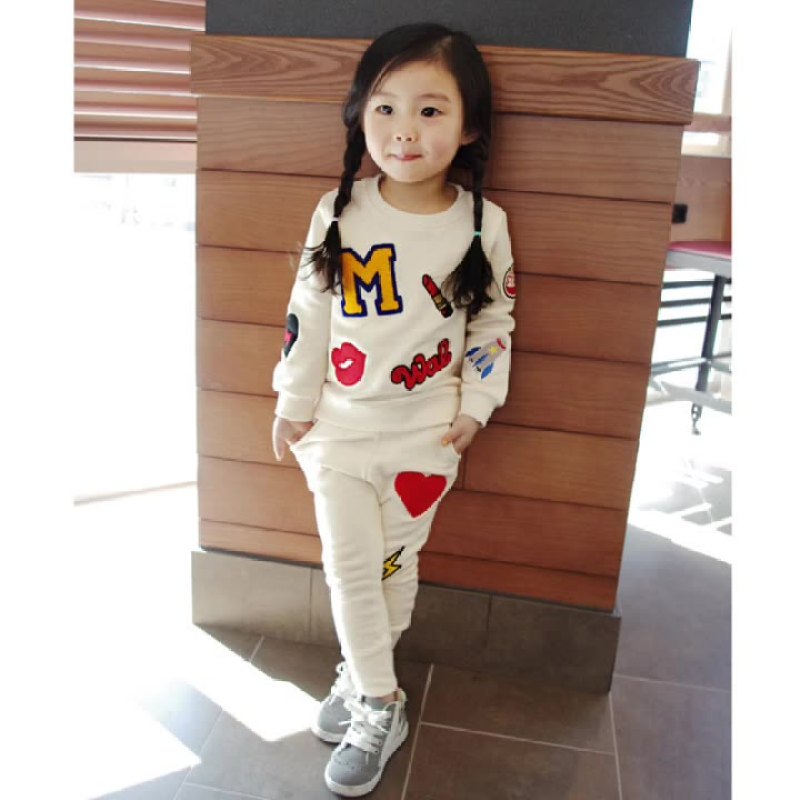 Latest Design Non-hooded Long Sleeves Cute Girl Track Cartoon Alphabet Girl autumn Kids Clothing Sets