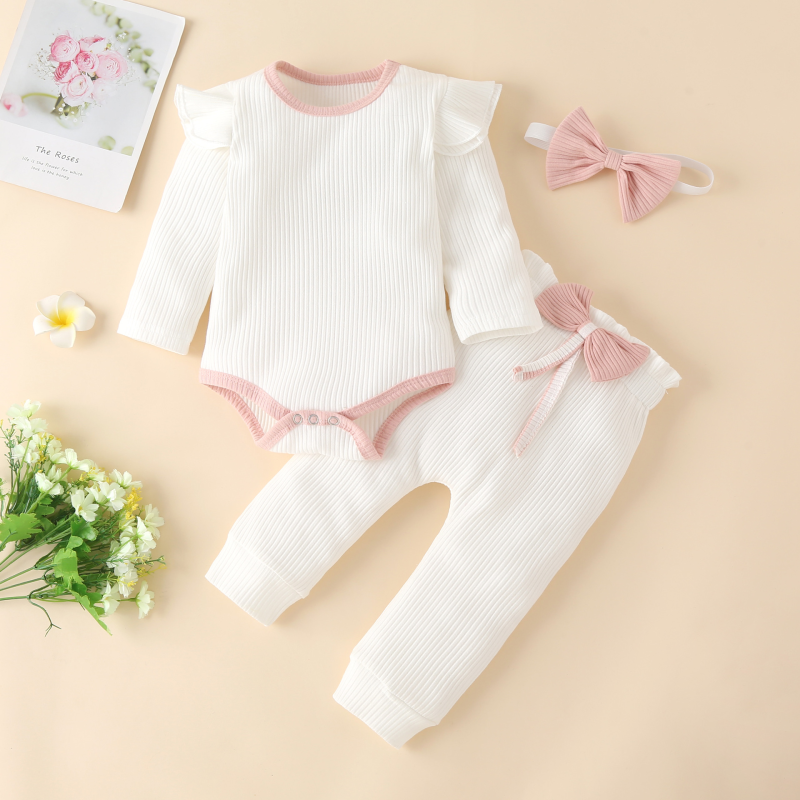 Conyson hot sale fashion Three-piece Jumpsuit Striped Color Long-sleeved Bow Baby clothes kids Cotton Clothing Set Baby Romper