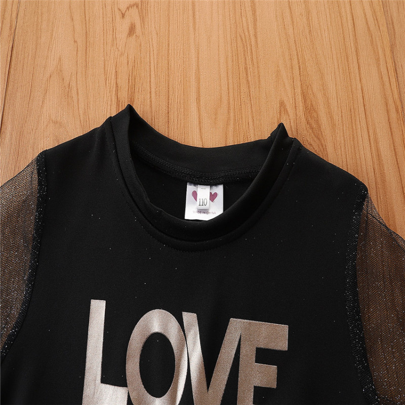 Conyson Wholesale Summer Casual Girl 2pcs Outfits Short Sleeves Mesh Black Letter Print Girls Star Sequins Tutu Dresses