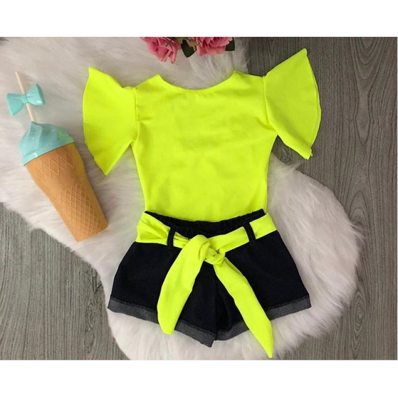 Factory Direct Girls Stretch Solid Color Suit New Arrival Toddler Girls Boutique Summer Ruffled Flared Sleeve Clothing Set