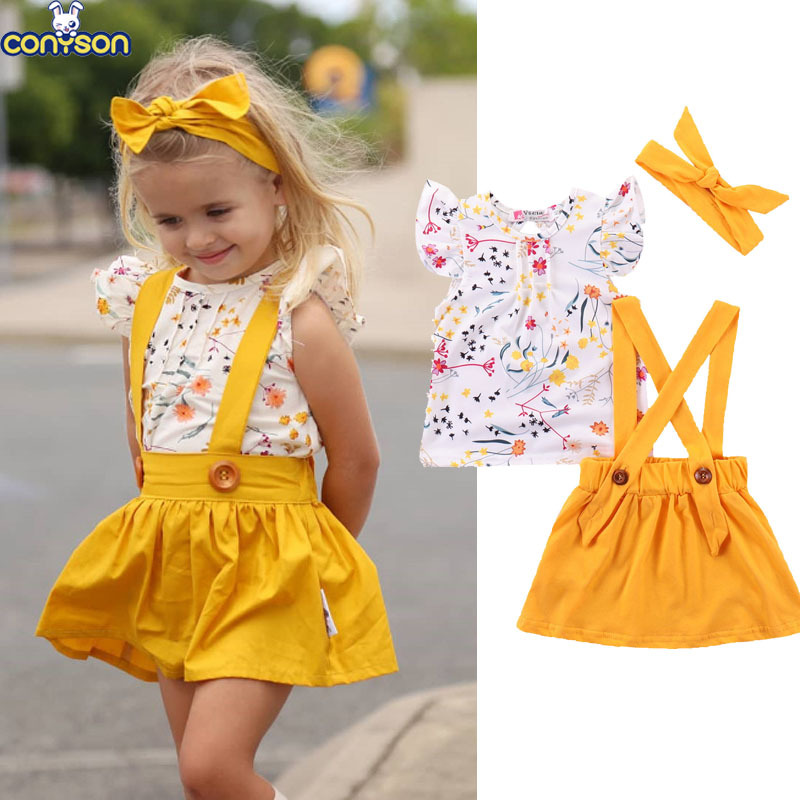 Conyson Wholesale Kids Clothing Outfits Suits Summer Baby Girl Flower Print Shirt +Yellow Skirt +Headband 3Pcs Girls Clothes Set