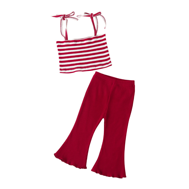 Conyson Wholesale Set summer kids Girl stripe sleeveless rib Tops With pure color clothing set long bell-bottoms children's suit