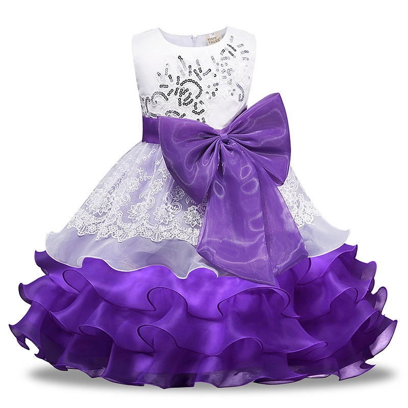Wholesale Flower Girls Party Wedding Princess Dress Sequins Decoration Mesh Hem Sleeveless Dress Girls Bow Ruffles Lace Dress