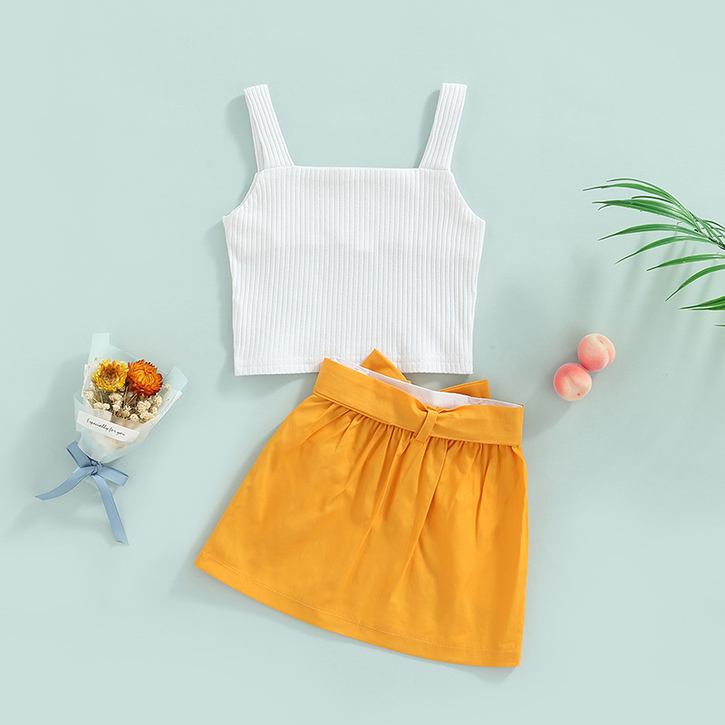 Conyson Fashion New Summer Kids Girls Clothes Sets Sleeveless Strap Solid Knit Vest Top+Color Patchwork A-Line Skirts With Belt