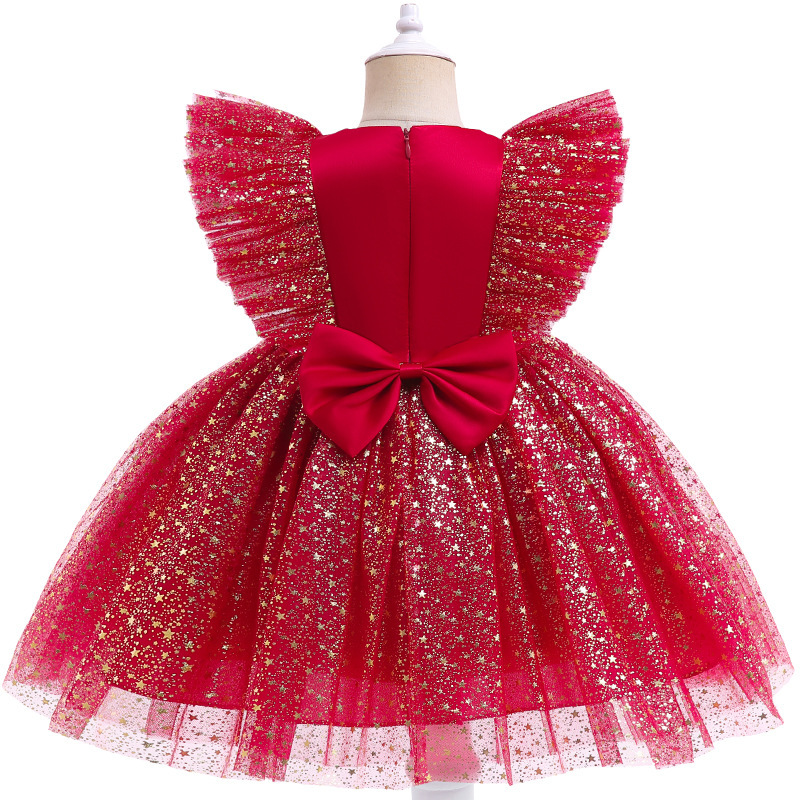 Conyson Chirsmas Hot Sale Tulle Skirt Big Glitter Flying Sleeves Bubble Skirt Baby Girls With Bow Embellish Shining Tutu Dress
