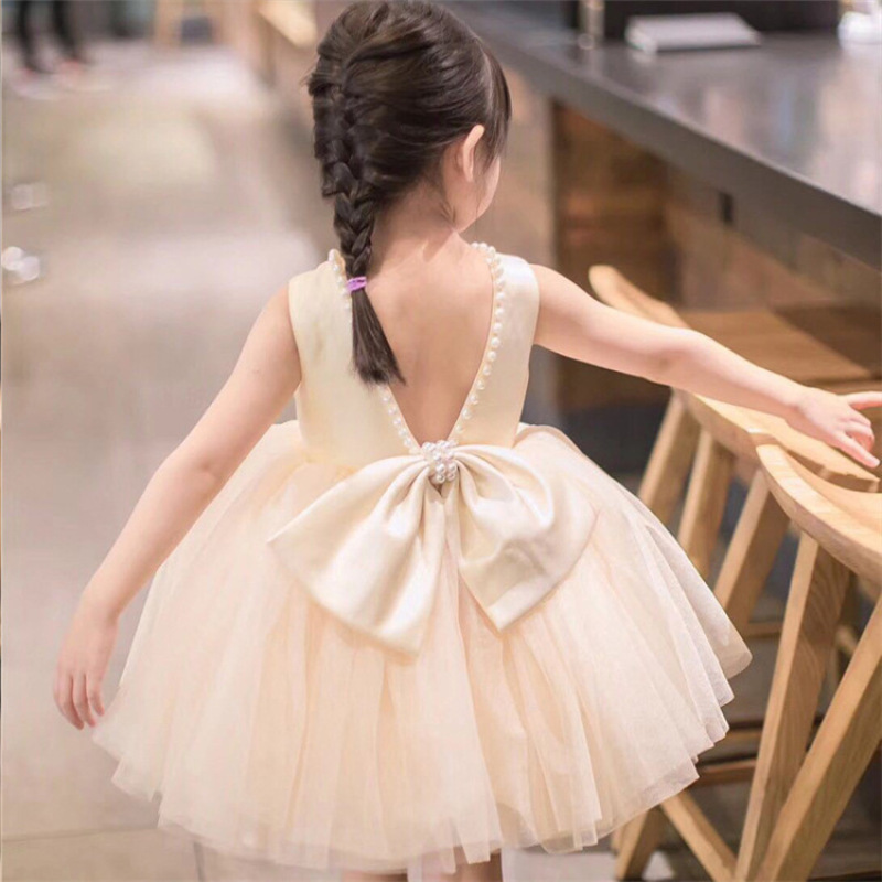Conyson Kids Gown Birthday Pageant Party Pearls  With Big Bowknot Formal Tulle Skirt Piano Show Even Girls Baby Princess Dress
