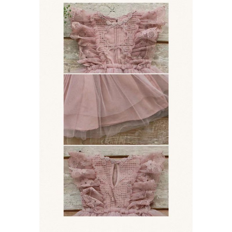 Conyson Hot Wholesale Summer Cotton Sleeveless Korean Style Shirring Design 3-8 Years Kids Clothing Girls Lace Tulle Dresses
