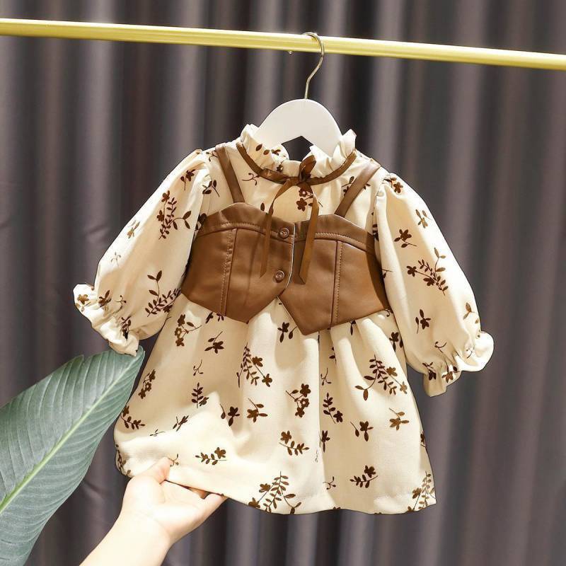 Autumn Winter Velvet Girl Skirts Vintage Floral Dress Leather Vest Spliced Ruffled Sleeve Rural Princess Dress