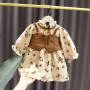 Autumn Winter Velvet Girl Skirts Vintage Floral Dress Leather Vest Spliced Ruffled Sleeve Rural Princess Dress