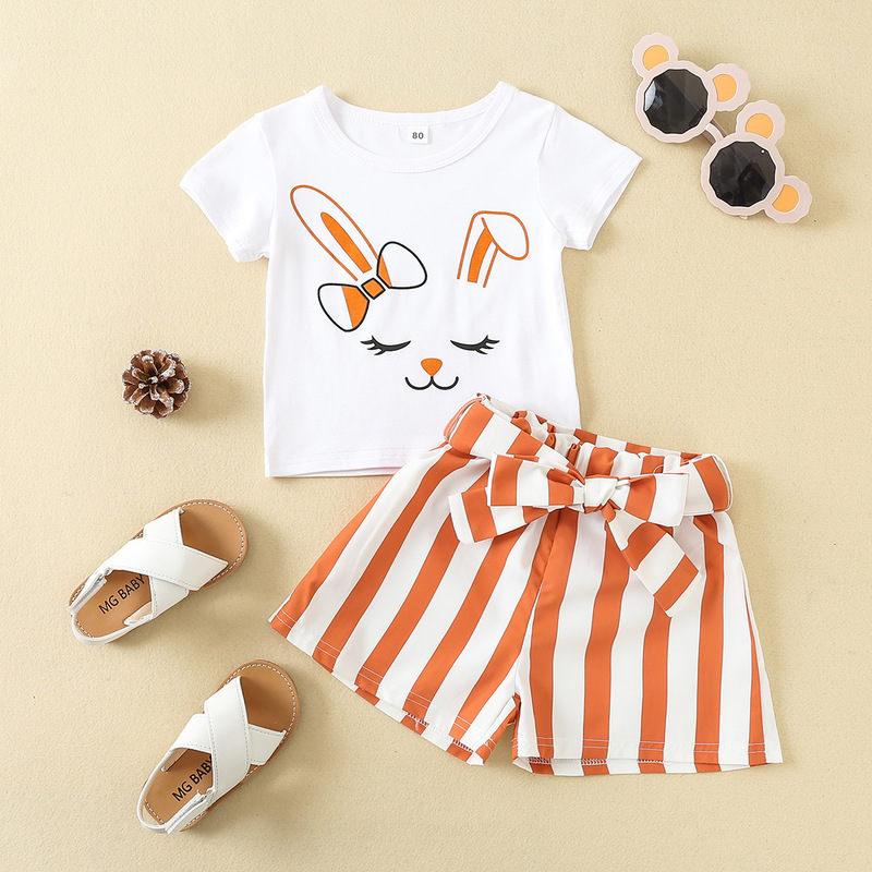 Conyson Wholesale Hot New Fashion Easter Gift Kids Clothes Cute Casual Rabbit Print Short Sleeve T-shirt Stripes Bowknot Shorts