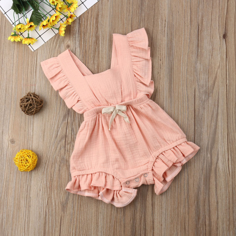 Wholesale Cotton Gauze Infant Flutter Sleeve Suit Baby Summer Clothing Rompers Sleeveless