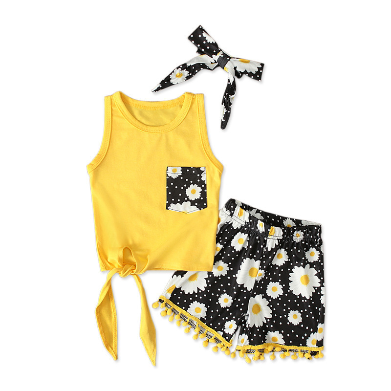 Casual Girl Baby Clothing Sleeveless Patchwork T Shirt Daisy Printed Tassel Shorts Headwear Three Piece Outfits Kids Clothes