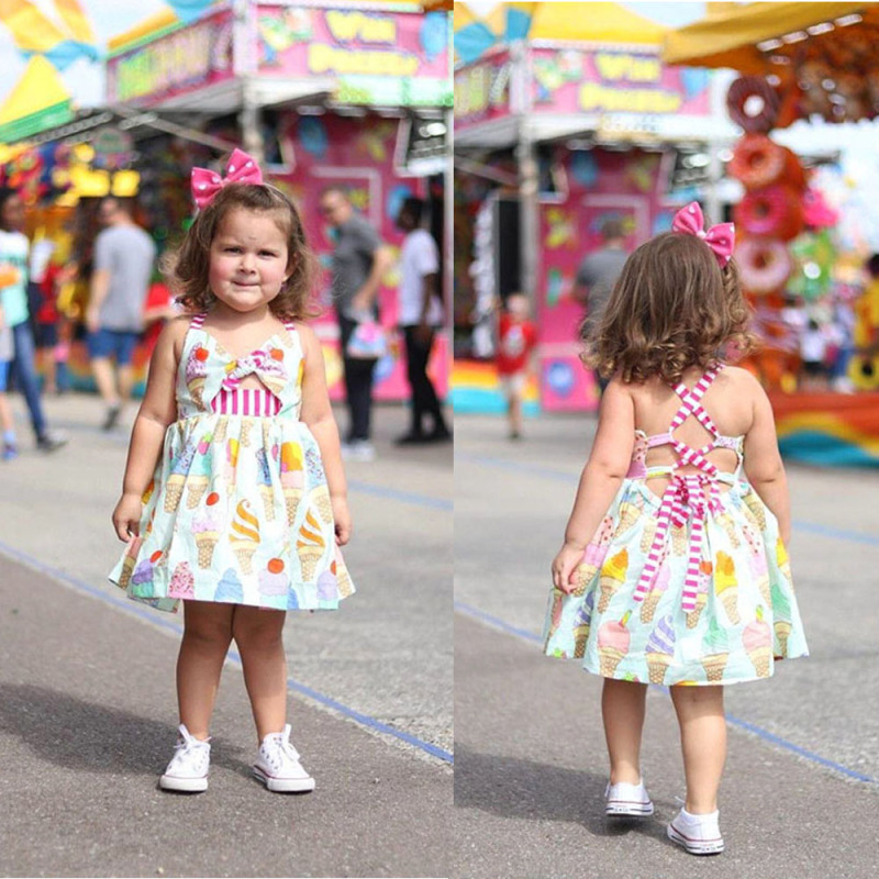 Conyson Wholesale Princess Girls Summer Toddler Kids Sleeveless Ice Cream Print Strap Tutu Party Dress Sundress Clothes Casual