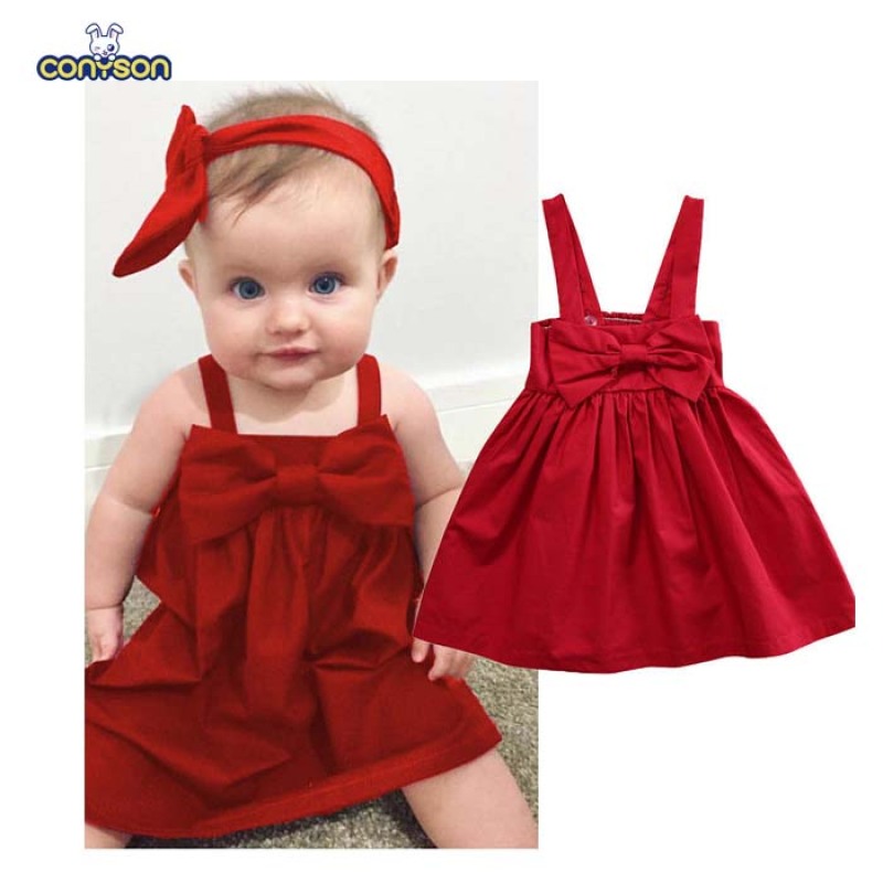Conyson Baby Girls Summer Bowknot Sleeveless Casual Slip Dress Red Mini Sundress Girl Suspender Princess Ruffled Skirt