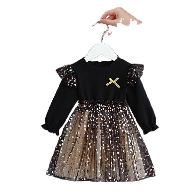 Fashionable New Puffy Net Yarn Baby Girls Birthday Wedding Party Kids Star Print Sequin Long Sleeve Girls Dresses