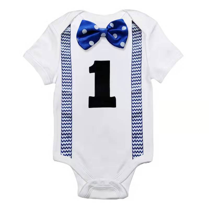 Conyson Summer Short Sleeve Gentleman Bowknot 12 Months Boy Outfits First Birthday Party Toddler Baby Boys Printed Rompers