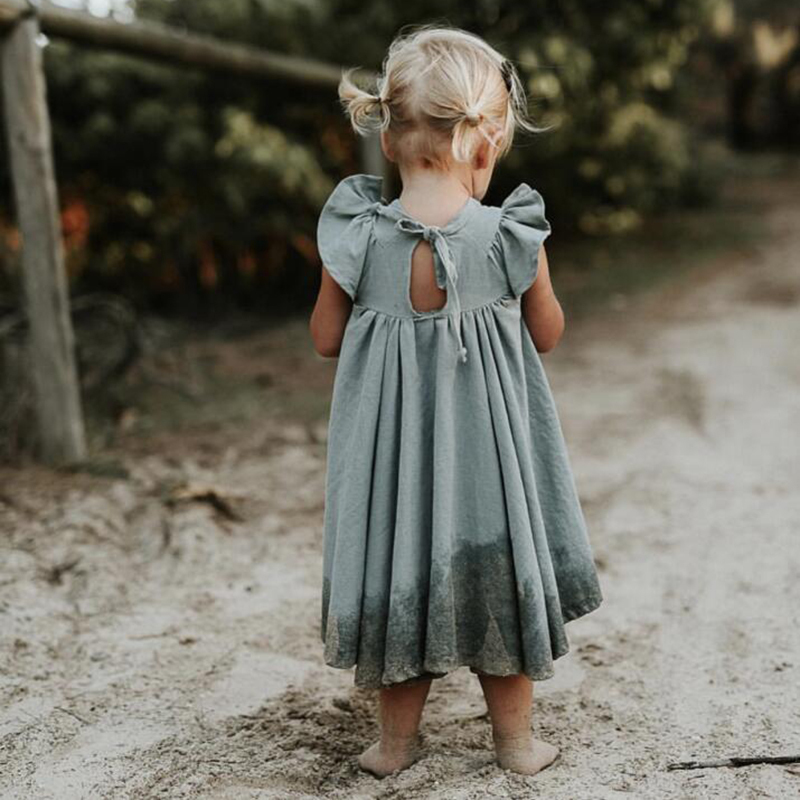 Conyson Toddler Baby Girls Cotton Linen Crew Neck Dress Summer Ruffle Sleeve Halter Sleeveless Kids Casual Beach Party Dresses
