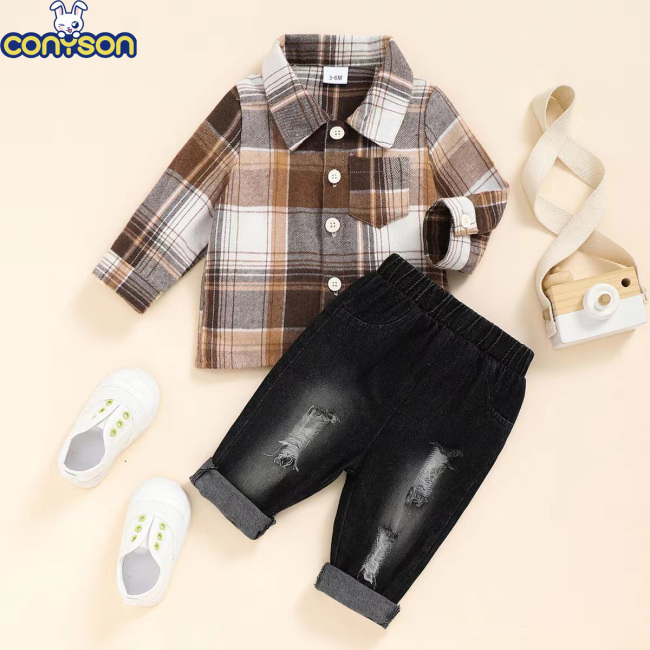 Conyson High Quality Stock Lots Spring Autumn Long Sleeve Plaid Design Boys Girls Children's Western Style Casual Clothing Set