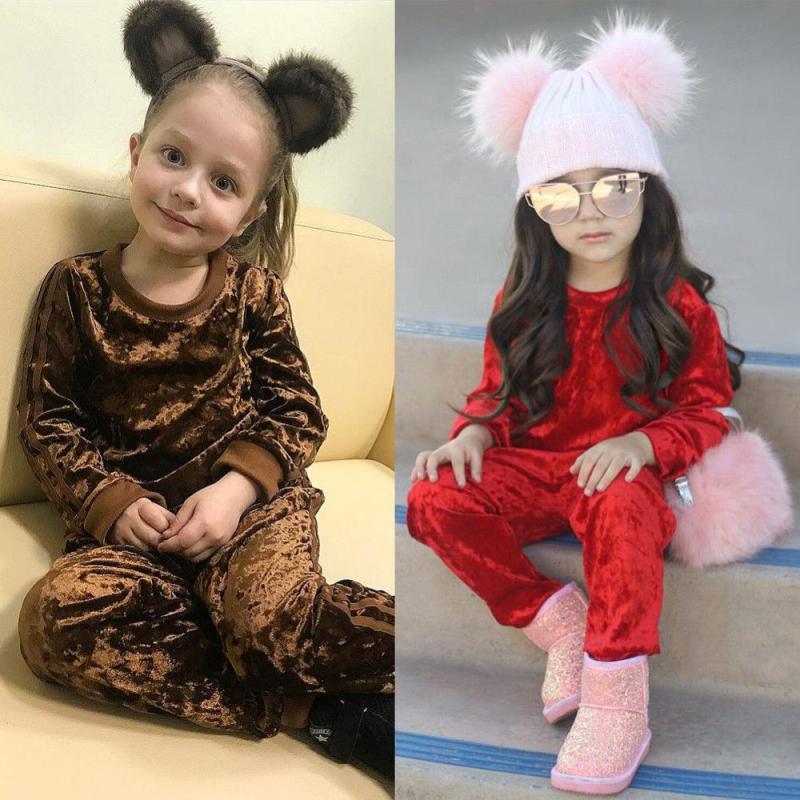 Factory Customized Long-sleeved Children's Girls' Sports Suit Clothing Two-piece Warmth Gold Velvet Girls Suit