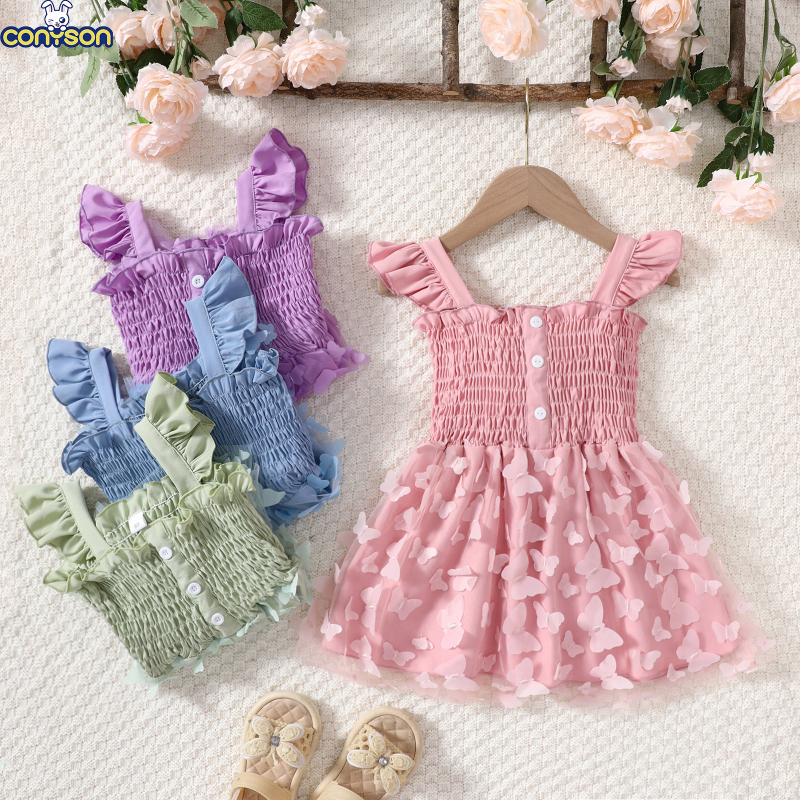 Conyson Summer Princess Vintage Casual Ruffle 1-6Y Pageant Cute Solid Color Butterfly Fairy Birthday Prom Kids Party Dress