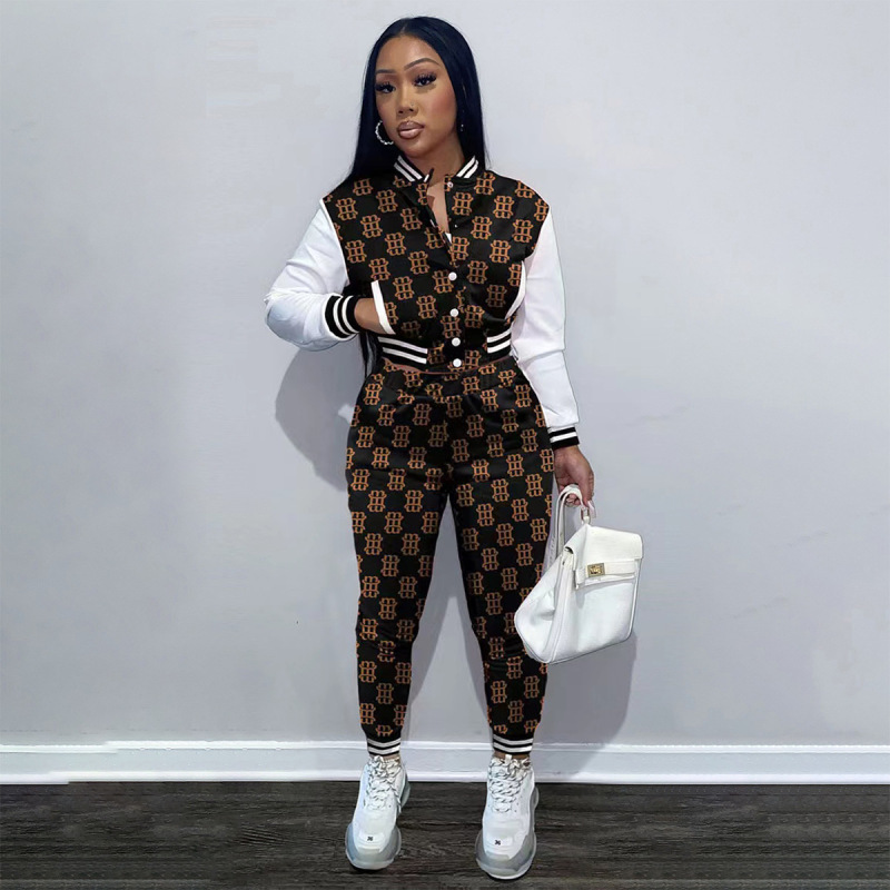 Western Style Amazon Hot Sale Autumn Sweatsuit Fashion Leisure Print Spliced Long-Sleeved Baseball Jacket 2 Pieces Women Suit