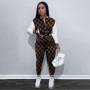 Western Style Amazon Hot Sale Autumn Sweatsuit Fashion Leisure Print Spliced Long-Sleeved Baseball Jacket 2 Pieces Women Suit