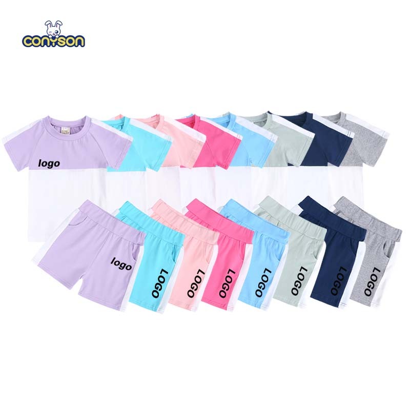 Conyson Wholesale Fashion Custom T-shirt+Short Toddler Baby Girls Clothes Set Designers Logo Kids Clothes Summer Tracksuit Suits