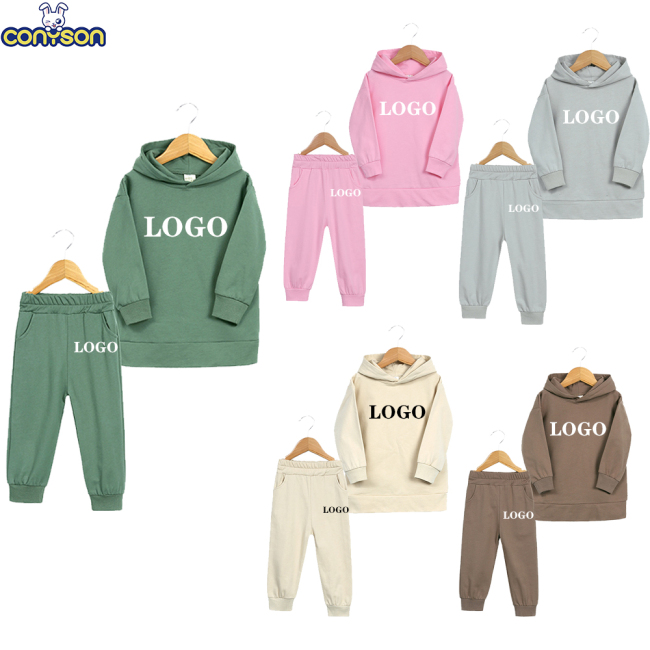 Conyson Customize Logo wholesale Sweatsuit Plain Outdoor Kids Spring Winter long Sleeve Clothing Set 2023 Unisex 2 Pcs Kids Set