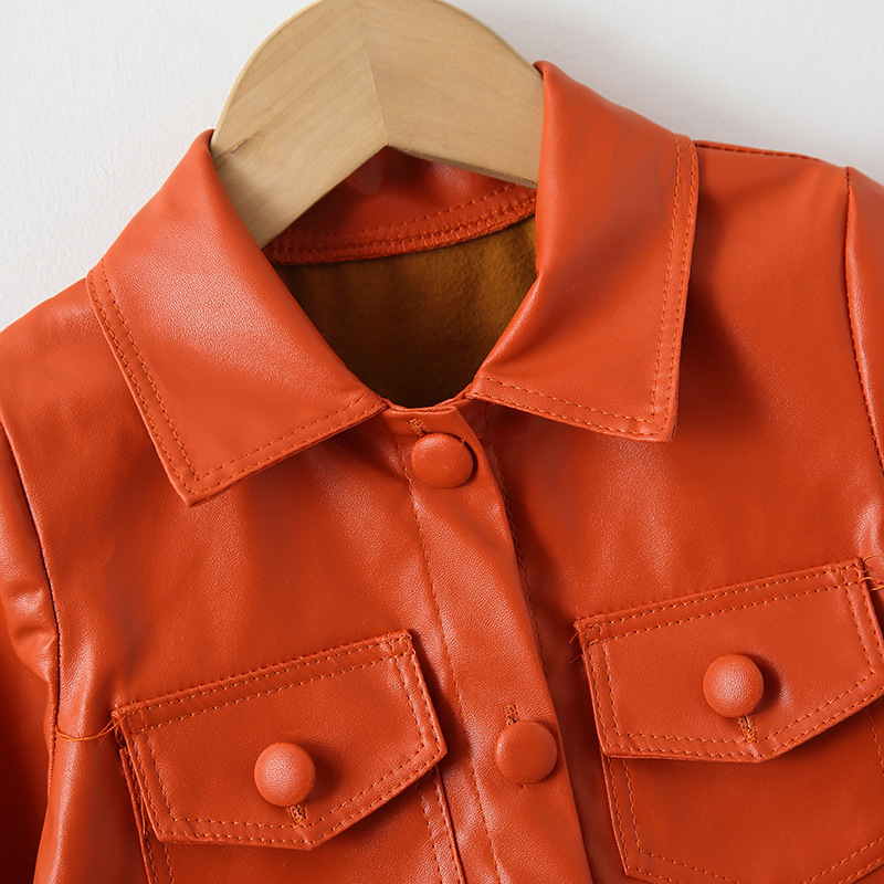Conyson Wholesale Hot Fashion Summer Kids Clothes Leather PU Casual Solid Long Sleeve Single Breasted Straight Knee Dress Jacket