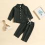Conyson Autumn Boys' Solid Color Cotton Linen Stand up Collar Casual Comfortable Long Sleeve Trousers Two piece