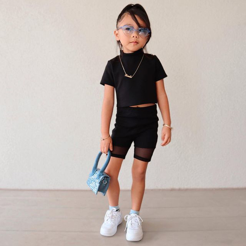 Conyson Hot Sale Kid Clothes Summer New Short Sleeves Black Solid Lace Top Shorts 2Pcs Fashion Children Causal Custom Outfit