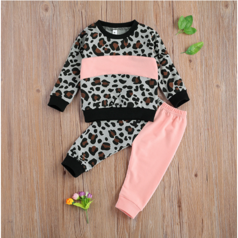 Conyson Girl's Two Piece Set Children's Leopard Printed Color Block Crew Neck Long Sleeve Pullover Pants Set