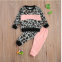 Conyson Girl's Two Piece Set Children's Leopard Printed Color Block Crew Neck Long Sleeve Pullover Pants Set