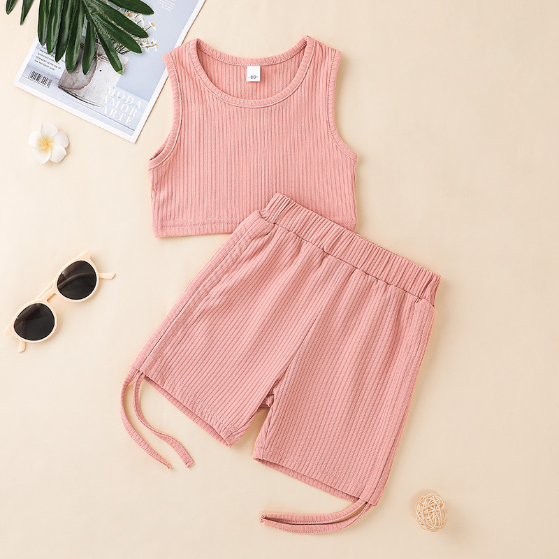Conyson Stretch Kint Solid Color Suit Summer New Arrival Toddler Girls Boutique Ruffled 2 Piece Kid Girls Clothing Set