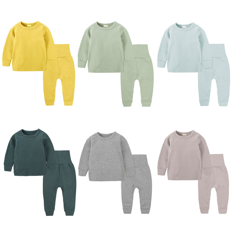 Custom Children Plain Color Ribbed Cotton High Quality Kids cotton Sleepwear Pajama Sets